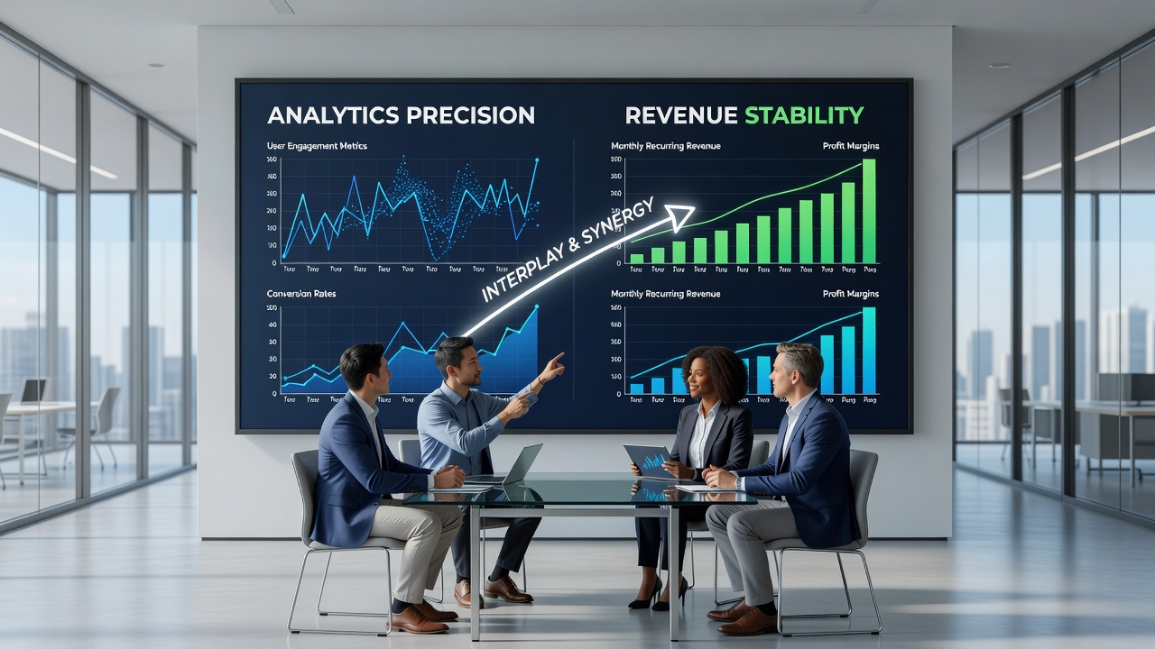 Team reviewing interconnected analytics reports and revenue forecasts for digital niche operations
